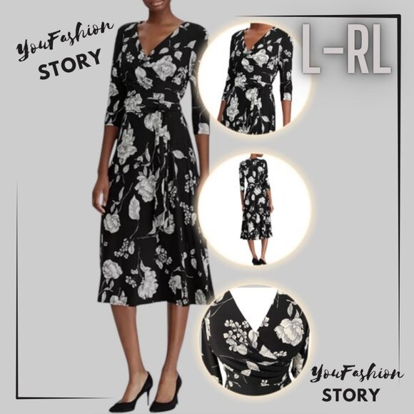 Lauren Ralph Lauren Floral-Print Midi Surplice Dress Black and White Sz: 4 NWT - Picture 1 of 15